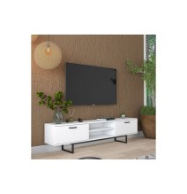 Mueble de TV con 2 Cajones y Estantes en Melamina Blanca - Patas Metálicas Negras - 180x29.7x43.6 cm.