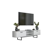 Mueble de TV con 2 Cajones y Estantes en Melamina Blanca - Patas Metálicas Negras - 180x29.7x43.6 cm.