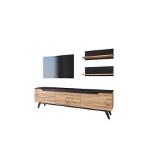 Mueble TV Completo en Melamina Color Roble y Negro, 180x35x48.5 cm, con 2 Estantes